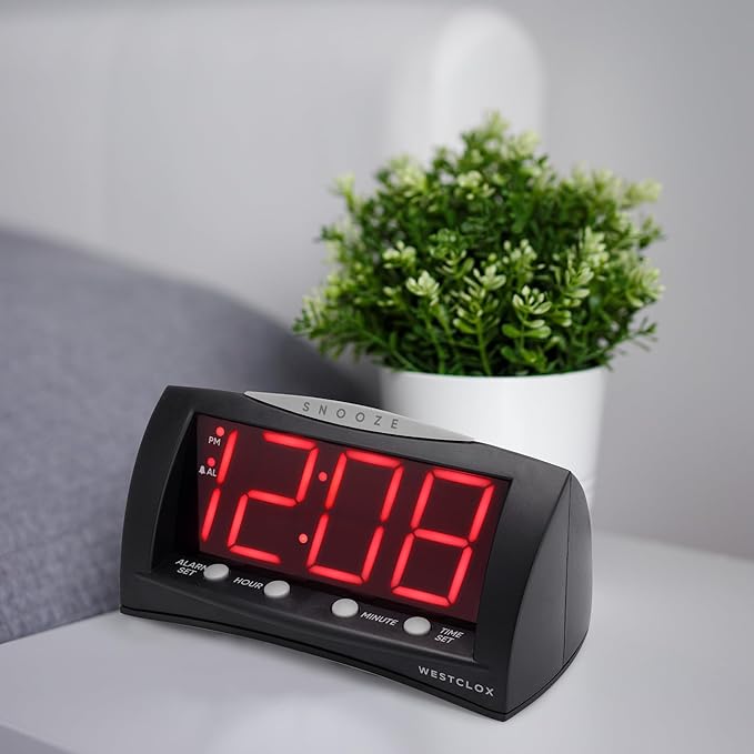 Westclox Digital Alarm Clock for Bedroom or Office, Large 1.8" Red LED Display with Oversized Snooze Bar, Corded with Battery Backup, (Black, 8-Inch)