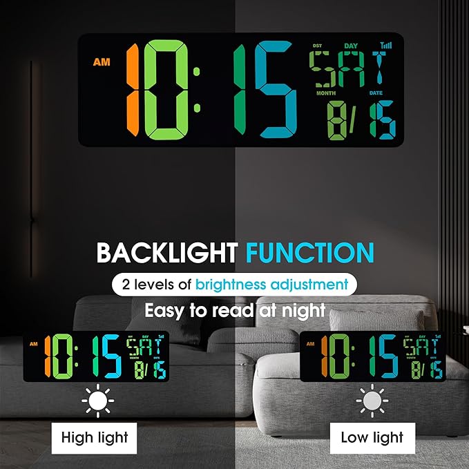 XREXS Large Digital Wall Clock Bluetooth Sync, 17.2" RGB Color Changing Digital Clock with Remote Control, Adjustable Brightness Grandfather Clock, Temperature for Home, Gym and Classroom