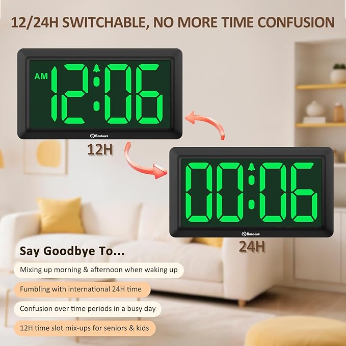 Soobest 9.5 Inch Large Digital Wall Clock Battery Operated, Auto & Manual Dimmer Display, Easy to Read Big Digits with Alarm for Seniors, Modern Decor for Living Room, Bedroom, Office (3.2" Numbers)