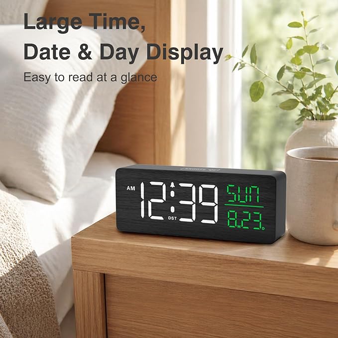 Peakeep Wooden Digital Alarm Clock Large Display, Textured Decoration for Bedroom, Living Room, Plug in Clock with Time Date Day, 5 Brightness, Auto DST