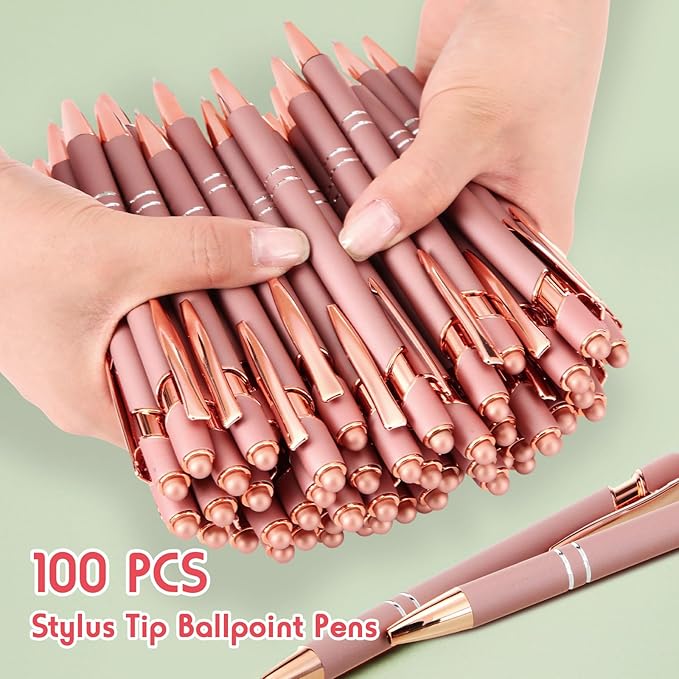 Yeaqee 100-Pack Ballpoint Pen with Stylus Tip Click Rose Gold