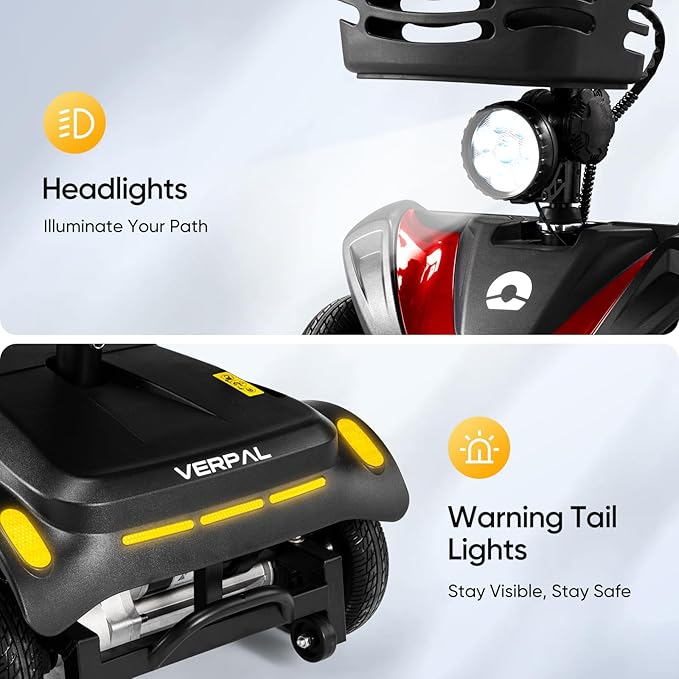 Compact 4 Wheel Mobility Scooter with Display, Foldable Electric Scooter for Seniors and Adults, Heavy Duty Travel Model with Lights, Basket, and Long-Lasting Extended (Black + Red)