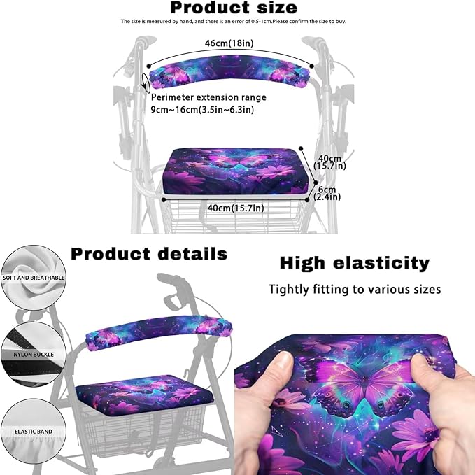 3 Pcs Sets Rollator Walker Accessories Purple Butterfly Walker Seat Cover Rollator Walker Seat & Backrest Covers, Rollator Storage Under Seat Bag