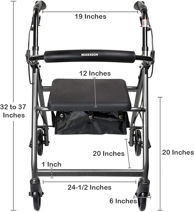 McKesson Rollator Walker with Seat and Wheels, Lightweight, Aluminum, 300 lbs Weight Capacity, Silver, 1 Count