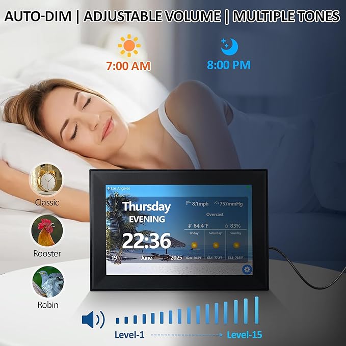 WiFi Smart Digital Clock with Weather and Temperature,with Date and Day of Week for Elderly,64 Alarms, Digital Calendar & Schedule Reminders (10.1" Black)