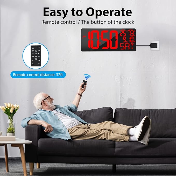 [Oversized] 18" Large Digital Wall Clock with Remote Control, Auto-Dimming Digital Clock Display with Date/Temp/Week, DST, Alarm, 5.9”Jumbo Numbers Large Digital Clock for All Spaces Use