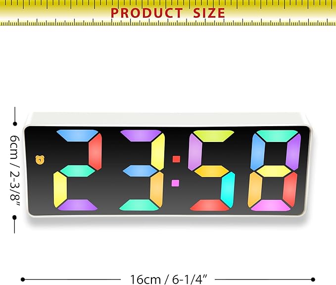 Infinity Instruments LTD. Digital Tabletop Alarm Clock, White with Colored Display, 6.25" x 2.25"