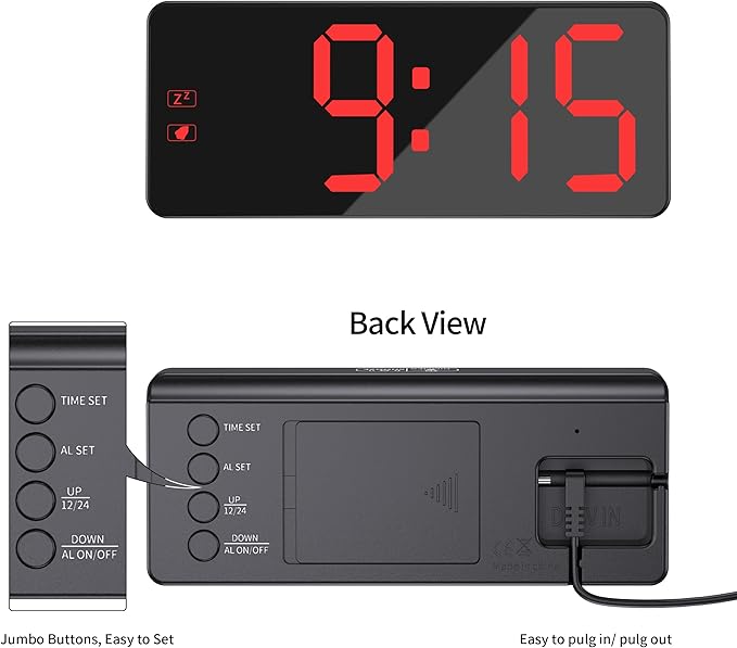 KWANWA Digital Alarm Clock with Backup Battery & 59" UL-Certified Charger - 3-Level Dimmer, Auto Night Mode, 2.4" Bold LED Display, Upgraded Buttons, Clock for Bedroom/Travel/Camping