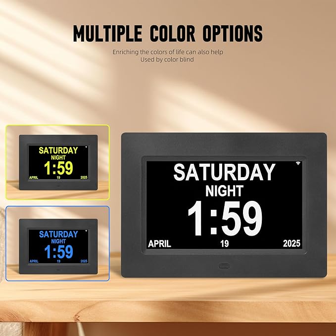 Digital Alarm Clock, Multiple Alarm Functions, Clock with Date and Day, Digital Alarm and Electronic Calendar for Seniors (White, 7 inch) (7-inch Black WiFi)
