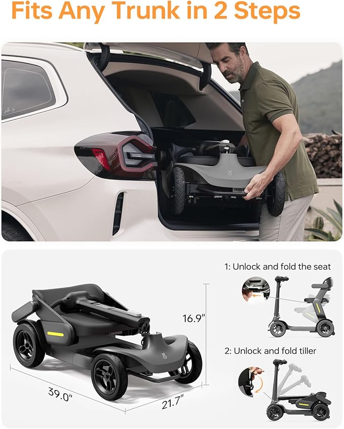 Paiseec S3 Mobility Scooter, Folding Mobility Scooters for Seniors, All Terrain Mobility Scooter, Electric Mobility Scooters for Adults, Folding Mobile Scooter, Auto Speed Control (Gray, S3-40 Miles)