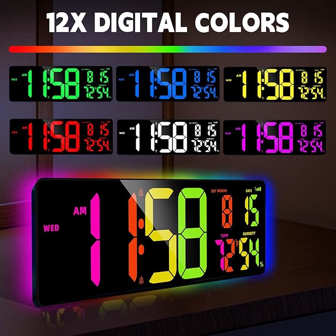 Large Digital Wall Clock 16.5", Count Down Timer, Bluetooth Sync Time, Alarm, Big LED, RGB Atmosphere Lights, Auto DST, Digital Clock for Living Room Classroom Xmas Birthday Gift for Senior Mom Dad