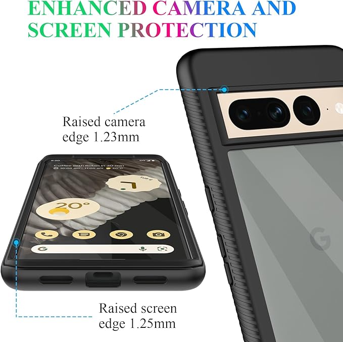 wahhle Compatible with Google Pixel 7 Pro Case, Built in Screen Protector Full Body Shockproof Slim Fit Bumper Protective Phone Cover Men Women-Black/Clear