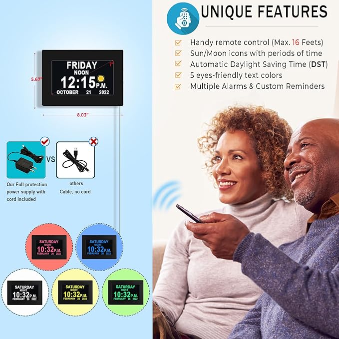 【Upgraded】27 Alarms Digital Talking Clock with Day and Date, Custom Reminders, 1280*800p HD Dsiplay, 10-Levels Dimmer, Auto DST, Sleep Trainer for Elderly Dementia, Voice-Talking with Remote