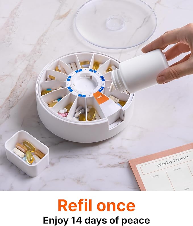 14-Day Rotating Pill Dispenser Wheel Push Button Desktop or Wall-Mount for Elderly