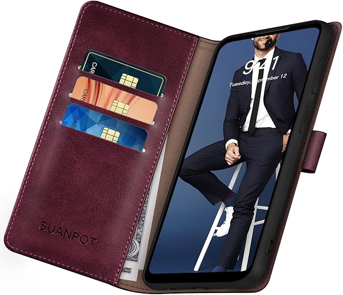 SUANPOT RFID Wallet Case for Motorola Moto G Stylus 5G - PU Leather Shockproof Flip Cover with Card Holder (Wine Red)