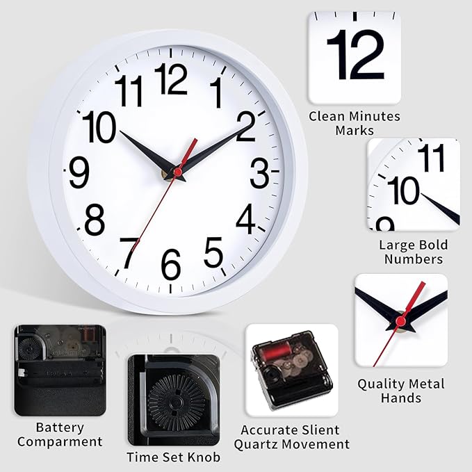Rohioue Wall Clock Modern 10 Inch Battery Operated Silent Non Ticking Analog Clock Decorative for Bedroom Kitchen Bathroom Office Home (White)