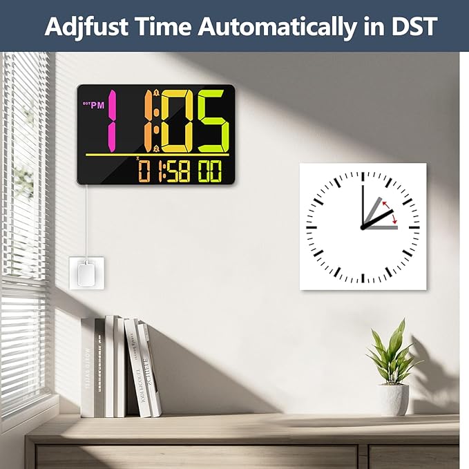 PERSUPER 13" Large Digital Wall Clock with Remote, RGB Color Changing, 25 Ringtones, 0-100% Auto/Custom Brightness, Temperature, Calendar, 12/24H, DST, Timer, for Living Room/Bedroom/Office/Elderly