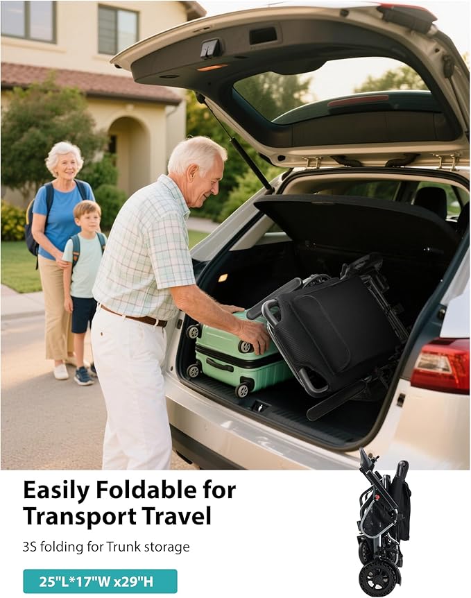 Lightweight Foldable Electric Wheelchair for Adults & Seniors, 33 lbs Portable Compact Motorized Wheelchairs, Dual 180W Motors 15 Miles Range All-Terrain Wheelchair, w/Bonus Cane & Lock