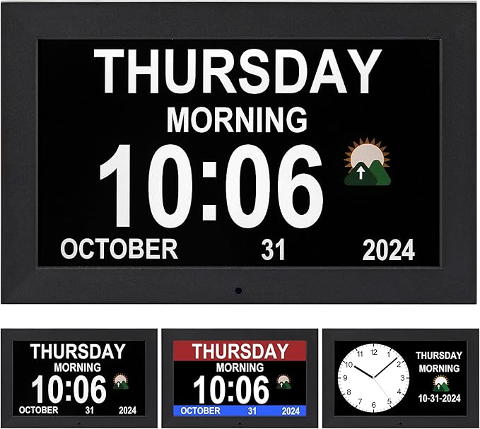 Digital Alarm Clock, Multiple Alarm Functions, Clock with Date and Week, Digital Alarm and Electronic Calendar for Seniors (White, 7 inch) (10-inch Black)