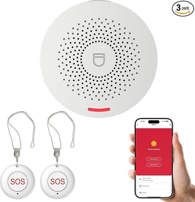 XUK WiFi SOS Caregiver Pager Call Button for Elderly, No Monthly Fee 2.4GHz Wi-Fi APP Control Wireless Nursing Call System with 2 SOS Call Panic Button & 1 Receiver Life Alert Systems for Seniors