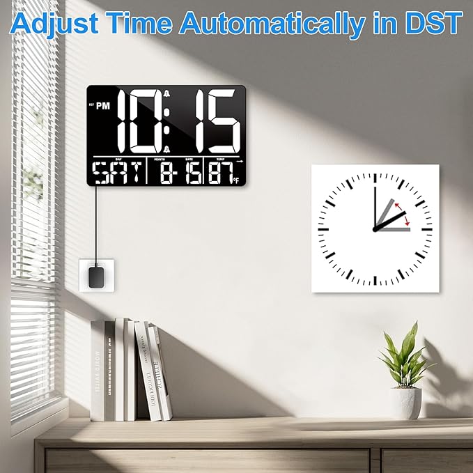 PERSUPER 13" Digital Wall Clock Large Display with Remote, 25 Ringtones, Temperature, Calendar, 0-100% Auto or Custom Brightness, 12/24H, DST, Timer, for Living Room, Kitchen, Bedroom, Office, Elderly