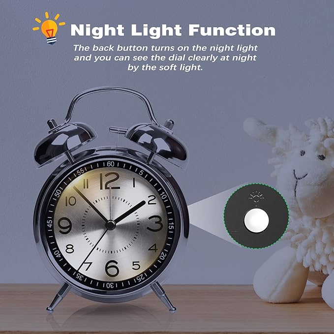 AYRELY Super Loud Alarm Clock for Heavy Sleepers Adults,Twin Bell Retro 4 Inch Silent Non-Ticking Quartz with Backlight, Metal dial, Alarm Clocks for Bedrooms Bedside (Gray)