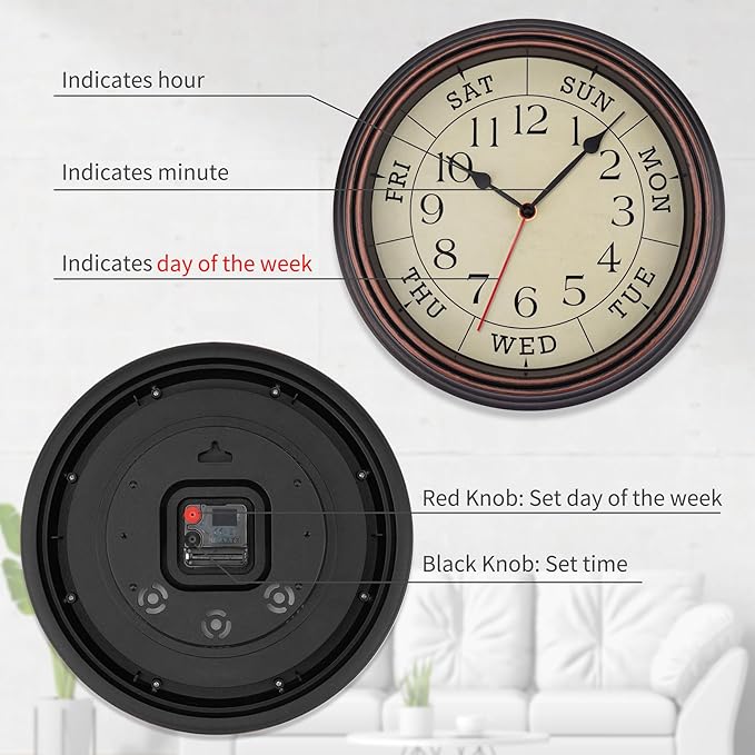 Foxtop Day of The Week Wall Clock for Seniors, 14 Inch Classic Silent Day Wall Clock for Office Home, Ideal Retirement Gift for Men & Women (Bronze)