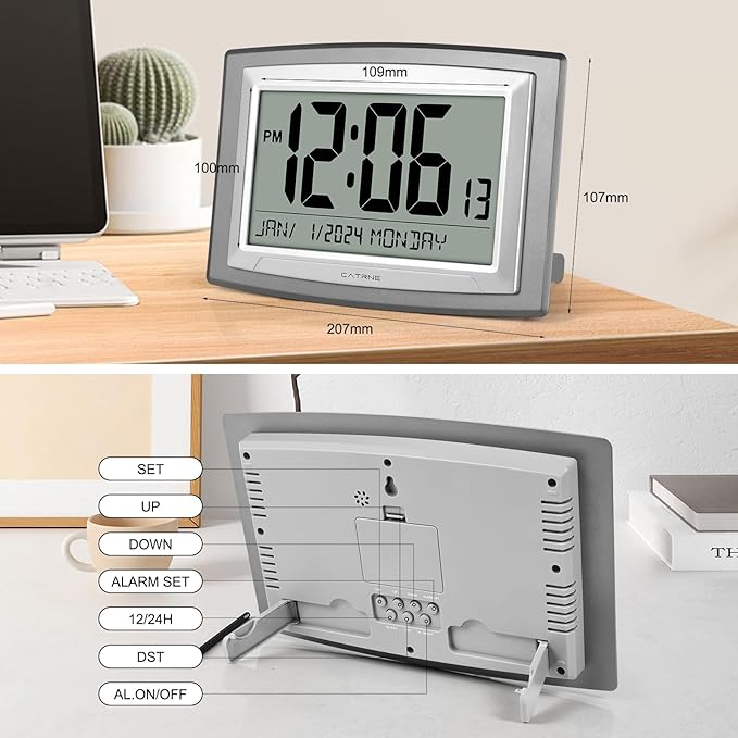 Auto Set Digital Wall Clock Battery Operated,12.5 Inch Large Display Digital Alarm Clock with Day, Date,Battery Operated Wall Clocks or Desk Alarm Clock for Bedroom, Livingroom, Office