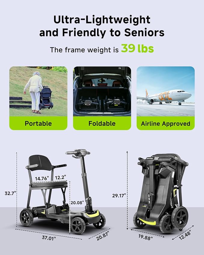 SCOOTNGO 4 Wheel Mobility Scooters for Seniors & Adults Lightweight Foldable Airline Approved Electric Scooter, with Two Removable Batteries 20 Miles Range 5 MPH Speed