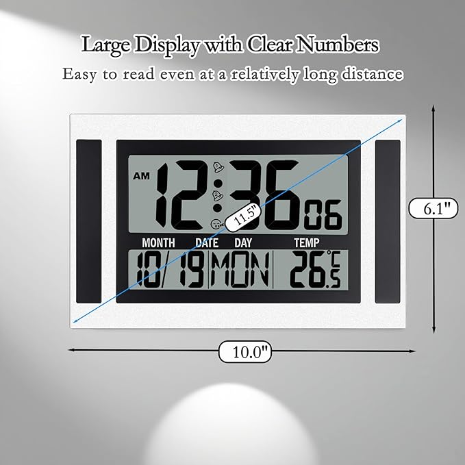 11.5" Large Display Digital Wall Clock Battery Operated with Big Numbers,Desk Clocks with Time Date Temperature, 2 Alarms with Snooze, Easy to Use for Bedroom, Living Room, Office,Gift for Elderly