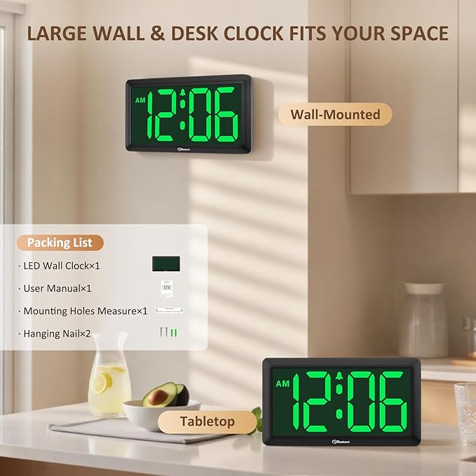 Soobest 9.5 Inch Large Digital Wall Clock Battery Operated, Auto & Manual Dimmer Display, Easy to Read Big Digits with Alarm for Seniors, Modern Decor for Living Room, Bedroom, Office (3.2" Numbers)