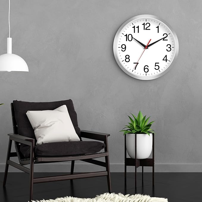 Rohioue Wall Clock Modern 10 Inch Battery Operated Silent Non Ticking Analog Clock Decorative for Bedroom Kitchen Bathroom Office Home Living Room (Silver)