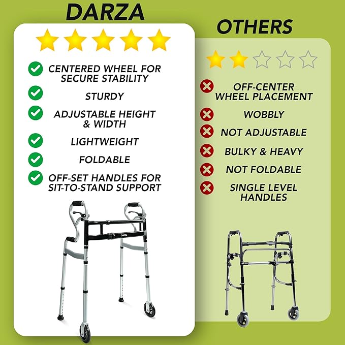 Darza R-Style Narrow Walkers with Storage Bag - Width Height Adjustable Walker, Lightweight Folding Walkers for Seniors Handicapped & Disabled, Up to 350 lbs