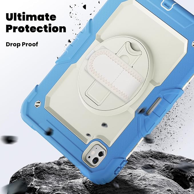 Dteck for iPad Pro 11 inch (M4/M5) 2024/2025 Release Shockproof Case with Screen Protector/Stylus Pencil Holder/Rotating Kickstand/Grip Hand Strap, Heavy Duty Protective Rugged Tablet Cover, Blue