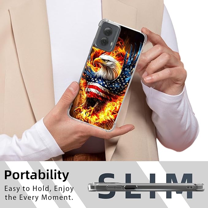 for Moto G Power 5G 2024 Clear Phone Case, Lightweight Transparent TPU, American Flag Flame Eagle Shockproof Four Corner Anti-Fall Case 6.7" for Moto G Power 5G, Screen Protector Film