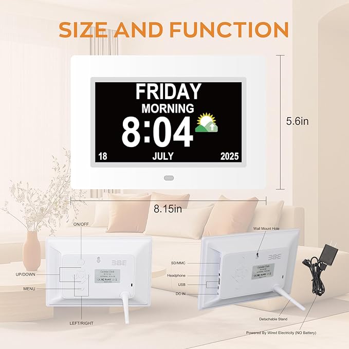 Digital Clock for Seniors with Day Date Time Large Display - 7 Inch Large Print Dementia Clock for Memory Loss and Visually Impaired, 12 Alarm Options, Non-Abbreviated, White