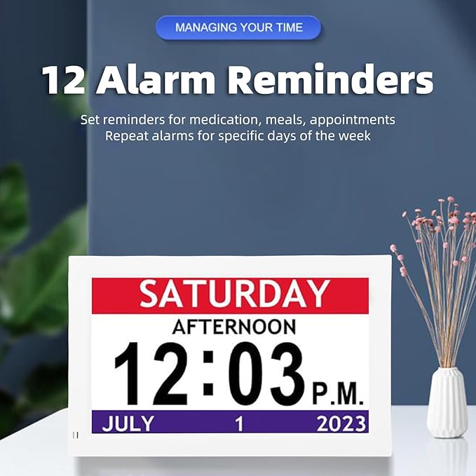 ASHATA 7 Inch Clock with Day and Date for Elderly Large Display, Dementia Clocks for Seniors, 12 Alarms Custom Reminders, Auto Dimming, Supports 8 Languages, for Appointments