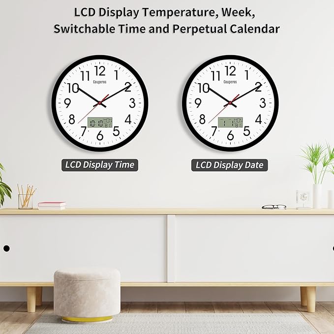 12 Inch Digital Wall Clock with Lighted LCD Display Temp, Week, Switchable Time and Perpetual Calendar, DST Function, Silent Battery Operated Analog Black Clock for Bedroom Office Classroom