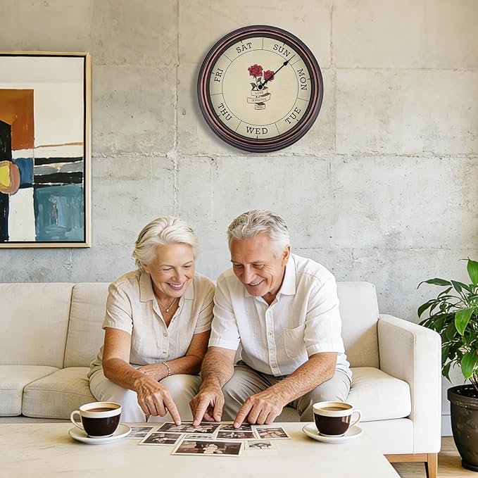 Foxtop Day of The Week Wall Clock for Seniors, Classic Silent Day Wall Clock for Office Home, Ideal Retirement Gift for Men & Women (14 Inch, Bronze)