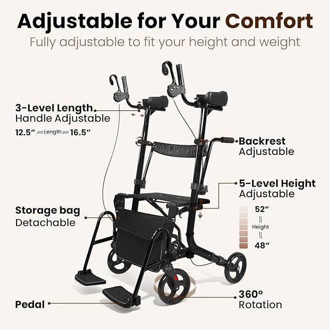 Upright Walkers for Seniors 450 lbs Capacity, 22 lbs Foldable Lightweight Walkers for Seniors with Seat, Armrest and Pedal, Height Adjustable Rollator Walker with Seat for Travel & Gift (Black)