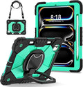 Dteck for iPad Pro 11 inch (M4/M5) 2024/2025 Release Shockproof Case with Shoulder Strap/Pencil Holder/Rotating Kickstand Handle, Heavy-Duty Sturdy Rugged Cover, Protective Tablet Shell, Black Mint