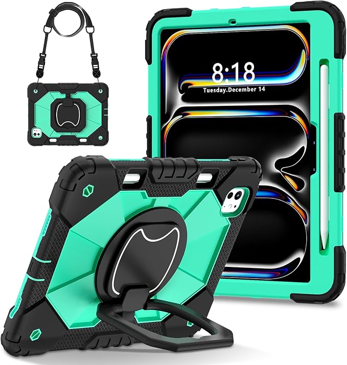 Dteck for iPad Pro 11 inch (M4/M5) 2024/2025 Release Shockproof Case with Shoulder Strap/Pencil Holder/Rotating Kickstand Handle, Heavy-Duty Sturdy Rugged Cover, Protective Tablet Shell, Black Mint