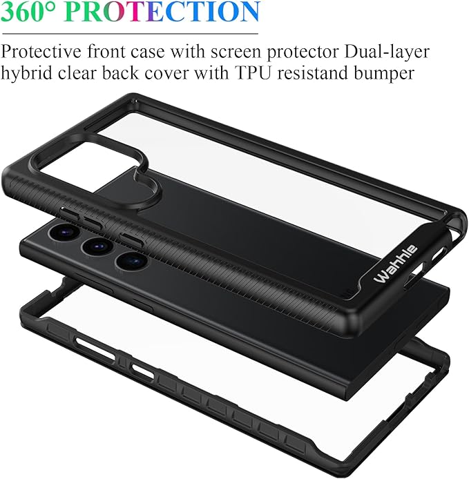 wahhle Compatible with Samsung Galaxy S24 Ultra Case, Built in Screen Protector Full Body Shockproof Slim Fit Bumper Protective Phone Cover 5G 6.8'' -Black/Clear