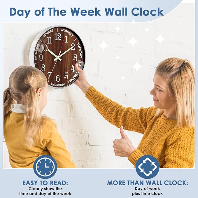 QINFIEY 12 Inch Day of Week Wall Clock, Non Ticking Modern Clocks Battery Operated，Analog Day Clock for Seniors Eldly，Classic for Office Home Classroom School Living Room,Unique Gift Clock(Brown)