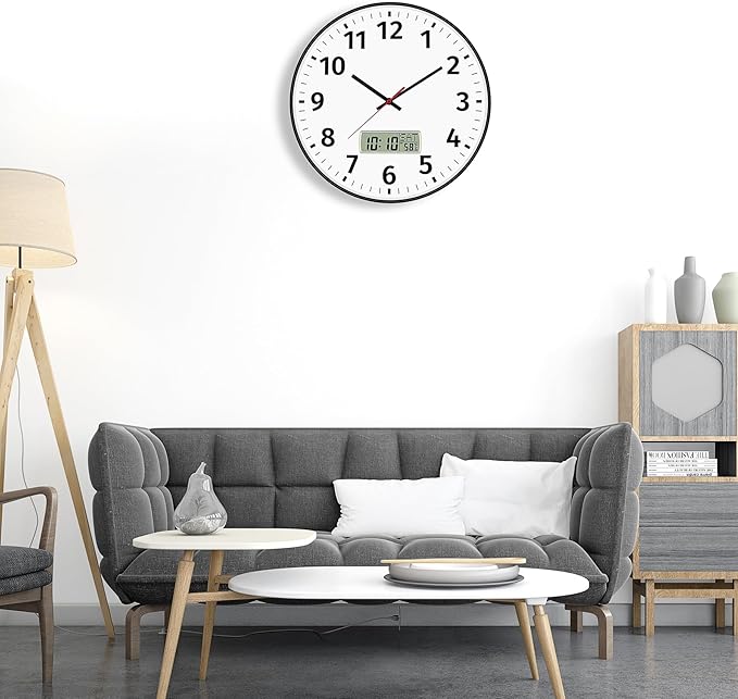 Foxtop 14 Inch Digital Wall Clock with Time, Day of Week and Temperature, Silent Non-Ticking Battery Operated Round Digital and Analog Black Wall Clock for Office Classroom Bedroom Home School