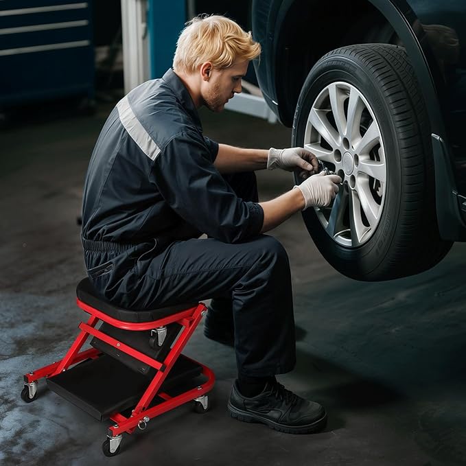 Magshion 36" Triplex Folding Creeper 2-in-1 Garage Foldable Creeper and Seat, Low Profile Mechanic Creeper with 6 Caster Wheels - 330 lbs Capacity (Red)