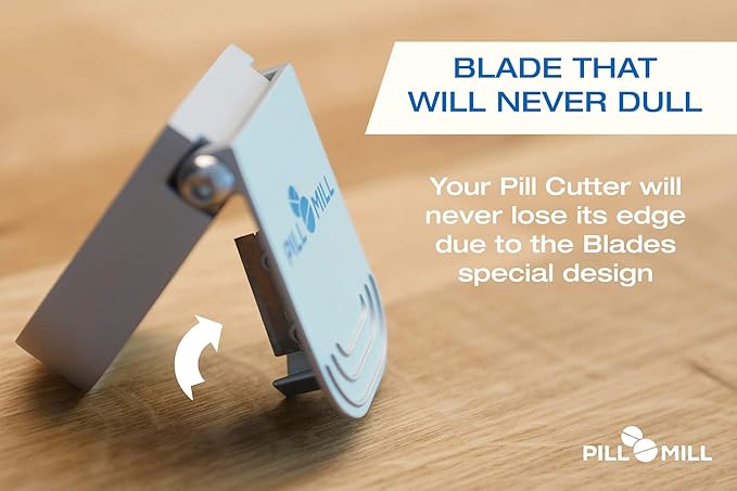 Pill Cutter Splitter with Pill Box by Pill Mill - Blade that Will Never Dull - Grip Handle Cuts Small or Large Pills with Ease - Light and Durable Tablet Divider - Perfect Medicine Slicer for Travel
