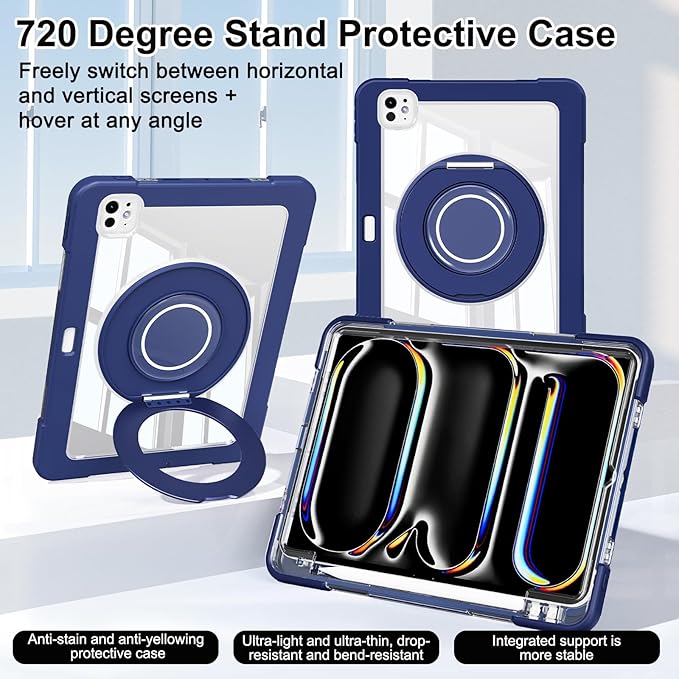 Dteck for iPad Pro 11 inch (M4/M5) 2024/2025 Release Shockproof Clear Case with Stylus Pencil Holder/Rotating Kickstand/Swivel Handle, Lightweight Protective Slim Transparent Tablet Cover, Dark Blue