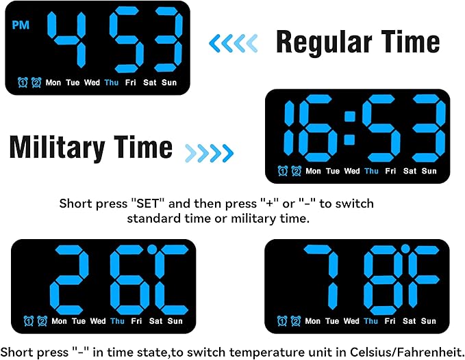 9.5 Inch Large Digital Wall Clock with LED Display, Auto DST, Dual Alarm with Snooze, Adjustable Brightness, Temperature & Date Display, Wall Mount or Desk Clock for Bedroom, Living Room, Office,-Blue