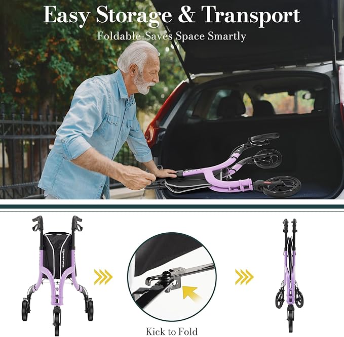 3 Wheel Walkers for Seniors, Lightweight Rollator Walkers Foldable for Elderly with Cane Hold and Cup Hold, Height Adjustable Aluminum Three Wheel Rolling Walker Mobility Aid, Purple